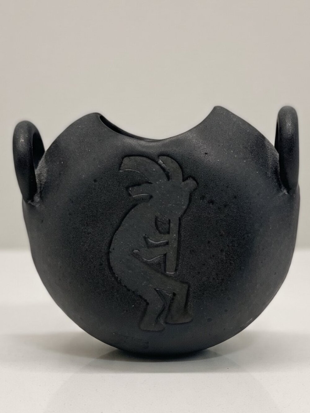 Signed Matte Black Kokopelli Native American Style Studio Pottery Vessel 4.75"